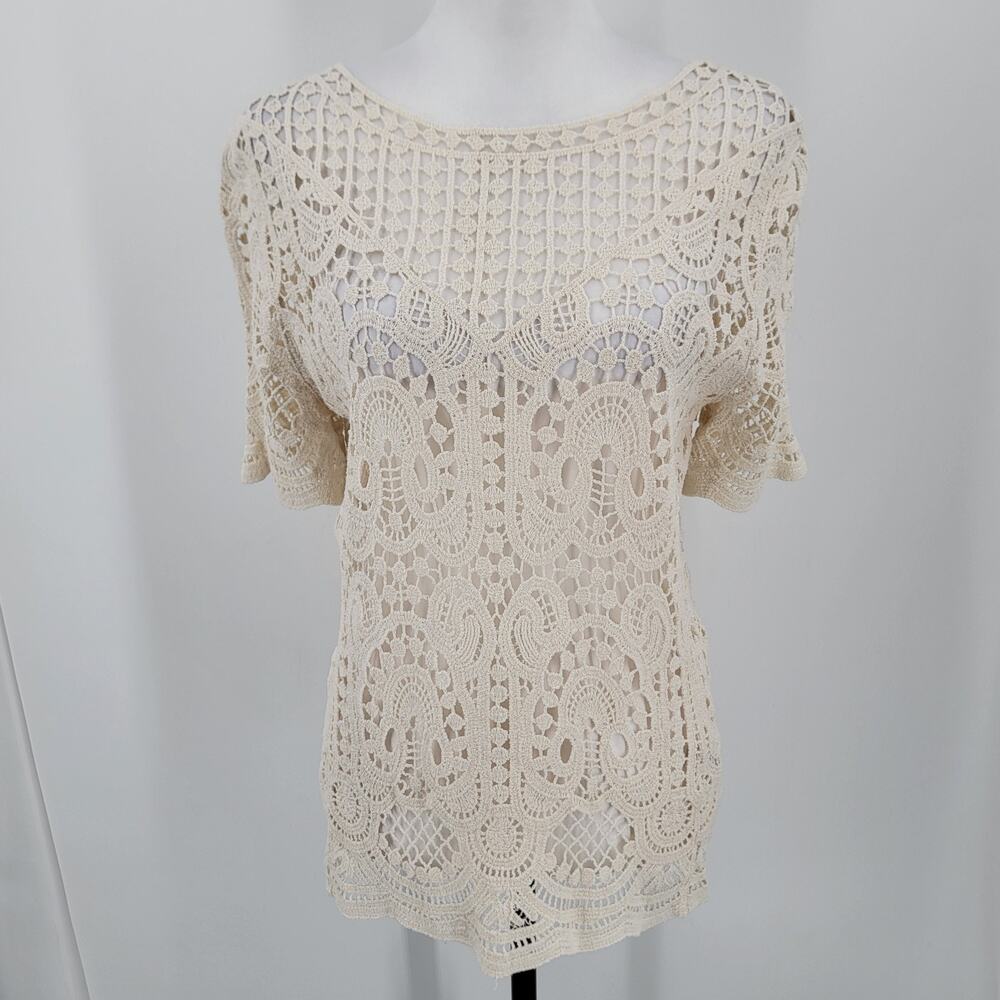 Adiva Crochet Lace Top Womens Medium Beige Sheer Cotton Boho Festival Fairy